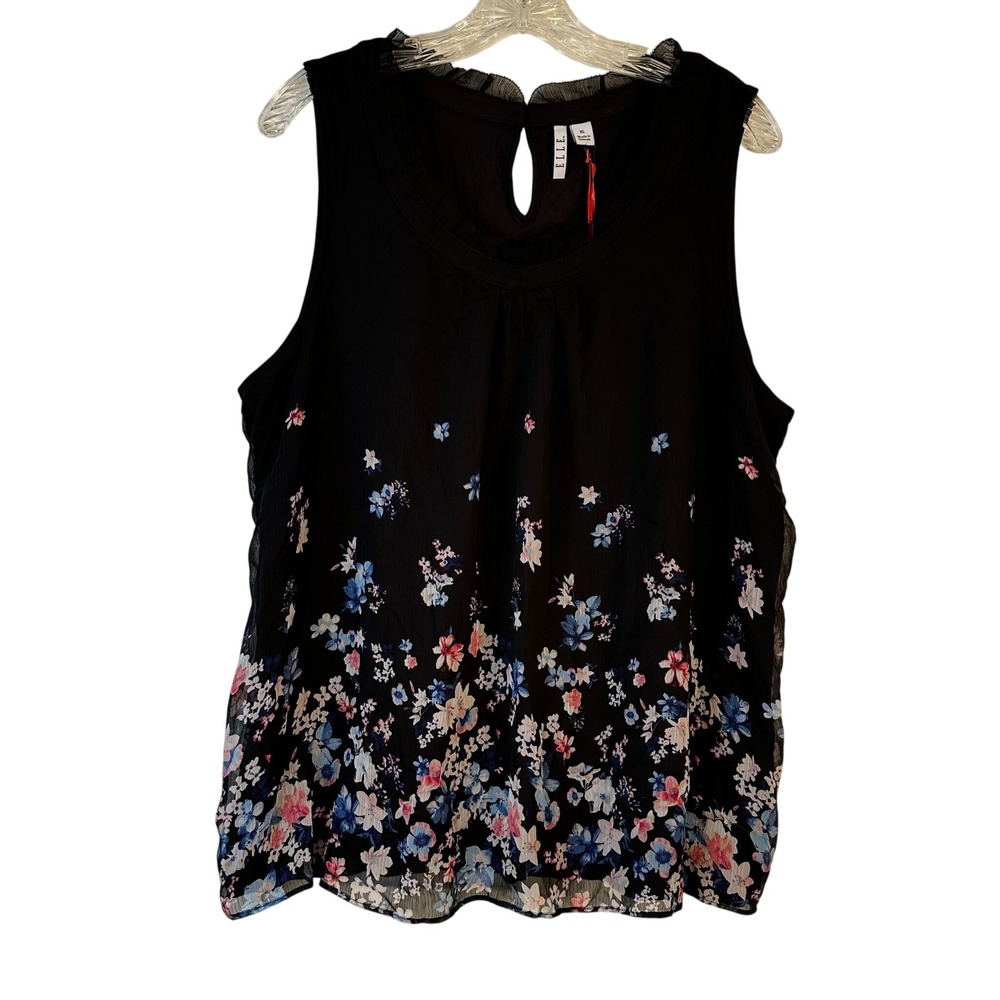 Elle Pleat Neck Tank Top Womens XL Black Floral‎ Border Print Sleeveless